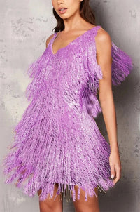 Damen Cocktailkleid A-Linie Festlich Fransen Pailletten in Violett