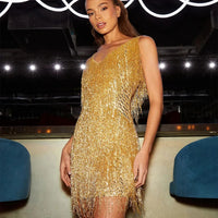 Damen Cocktailkleid A-Linie Festlich Fransen Pailletten in Gold