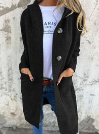 Damen Langer Strickmantel mit Kapuze und Knopfleiste Eleganter Cardigan für Herbst und Übergangszeit in Schwarz