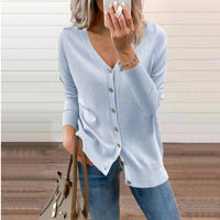 Damen V-Ausschnitt Strickjacke Cardigan Langarm mit Knöpfen Elegant Vielseitig in Himmelblau