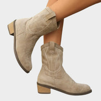 Damen Western Cowboy Ankle Boots mit Steppdetails und stabilem Blockabsatz in Grau