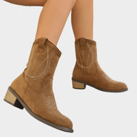Damen Western Cowboy Ankle Boots mit Steppdetails und stabilem Blockabsatz in Khaki
