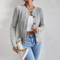 Damen Zopfmuster Strickjacke mit Knopfleiste Elegante Warme Jacke für Alltag und Büro in Grau