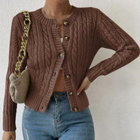Damen Zopfmuster Strickjacke mit Knopfleiste Elegante Warme Jacke für Alltag und Büro in Braun