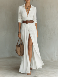 Gretchen | Weißes Leinen Faltenkleid Maxi in Weiß