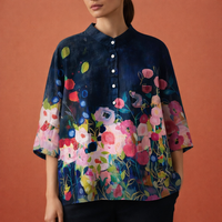 Blumenmuster Bluse mit langen Ärmeln und Kragen für Damen | Viona in Dunkelblau