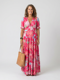 Ione | Kurzarm V-Ausschnitt Blumenkleid Midi in Pink