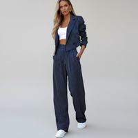 Regina | Damen gestreifter Blazer & weite Hose Set in Marineblau