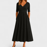 Elegantes Midikleid für Frauen - V-Ausschnitt, Ellbogenlange Ärmel, Praktische Taschen in Schwarz (Fast Ausverkauft)