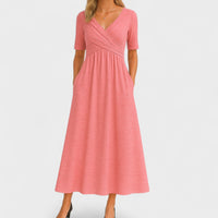 Elegantes Midikleid für Frauen - V-Ausschnitt, Ellbogenlange Ärmel, Praktische Taschen in Rosa