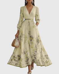 Elegantes plissiertes Maxikleid für Frauen – Sommerkleid mit V-Ausschnitt und langen Ärmeln in Gelb