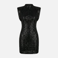 Bettina | Damen Eng Anliegendes Pailletten-Minikleid Stehkragen – Pailletten Mini in Schwarz