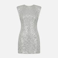 Bettina | Damen Eng Anliegendes Pailletten-Minikleid Stehkragen – Pailletten Mini in Silber