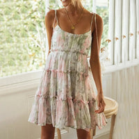 Damen Sommerkleid Rüschen Blumenmuster Spaghettiträger in Grau