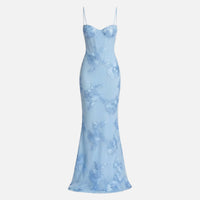 Renate | Damen Figurbetontes Satin Maxikleid Korsagen-Top – Korsett Satin Maxi in Hellblau