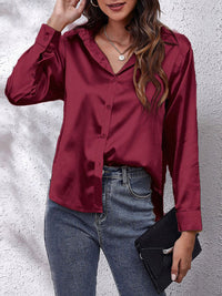 Elegante Bluse Damen Satinoptik Langarm in Bordeaux