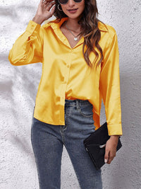 Elegante Bluse Damen Satinoptik Langarm in Gelb