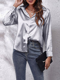 Elegante Bluse Damen Satinoptik Langarm in Grau