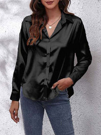 Elegante Bluse Damen Satinoptik Langarm in Schwarz