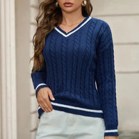 Leonie | Warmer Zopfpullover Damen V-Ausschnitt in Blau