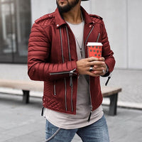 Herren Biker Lederjacke Gepolstert Steppoptik Reißverschluss Stylisch Komfortabel in Rot