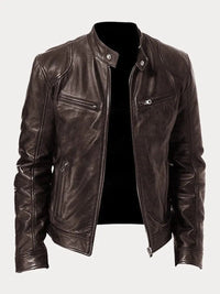 Herren Slim-Fit Bikerjacke mit Stehkragen und Reißverschluss, gesteppte Kunstlederjacke in Braun