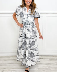 Julie | Toile Muster V-Ausschnitt Maxikleid in Schwarz