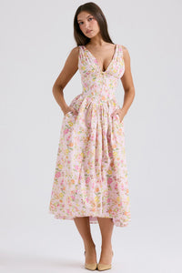 Elodie | Drapiert Hochzeitsgastkleid in Rosa Blumenmuster