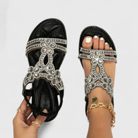 Damen Sandalen Verziertem Riemen Flacher Sohle in Schwarz