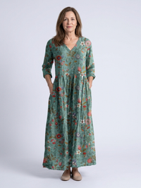 Marina | Florales V-Ausschnitt Maxikleid mit drei Viertelärmeln in Grün