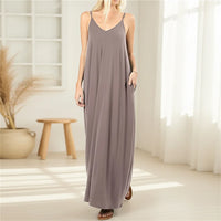 Damen Sommerkleid Lang Locker Bequemes Freizeitkleid in Khaki
