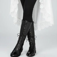 Damen Stiefeletten Schnürstiefel aus Leder mit Niedrigem Absatz in Schwarz