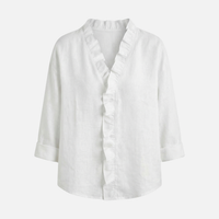 Sigrid | Damen Leichte Leinenbluse V-Ausschnitt Rüschen – Leinen Bluse Rüschen Sommer in Weiß
