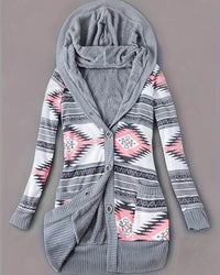 Emma | Gemusterte Kapuzen-Strickjacke für Damen in Grau Rosa