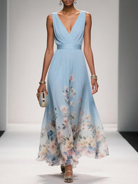 Luftiges Maxikleid Damen V-Ausschnitt Blumendruck Sommer Maxikleider A-Linie für Elegante Tage in Helles Blau