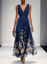 Luftiges Maxikleid Damen V-Ausschnitt Blumendruck Sommer Maxikleider A-Linie für Elegante Tage in Marineblau