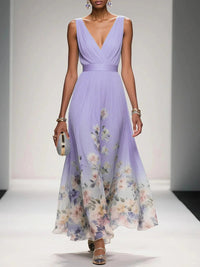Luftiges Maxikleid Damen V-Ausschnitt Blumendruck Sommer Maxikleider A-Linie für Elegante Tage in Lila