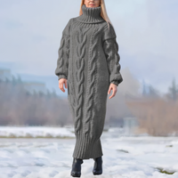 Clara | Damen Strick-Maxikleid lang mit stilvollem Zopfmuster in Grau