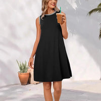 Damen Sommerkleid Kurz Rundhals Luftiges Mini Kleid in Schwarz