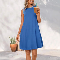 Damen Sommerkleid Kurz Rundhals Luftiges Mini Kleid in Königsblau