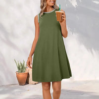 Damen Sommerkleid Kurz Rundhals Luftiges Mini Kleid in Armeegrün