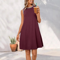 Damen Sommerkleid Kurz Rundhals Luftiges Mini Kleid in Weinrot