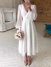 Damen Klassisches Langarm Fließendes Hochzeitskleid in Weiß