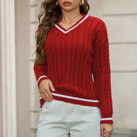 Leonie | Warmer Zopfpullover Damen V-Ausschnitt in Rot