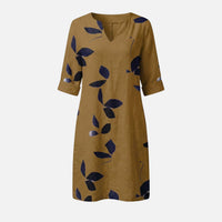 Ingeborg | Damen Midikleid V-Ausschnitt 3/4-Ärmel Blättermuster – Blätter Midi Kleid in Weiß