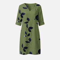 Ingeborg | Damen Midikleid V-Ausschnitt 3/4-Ärmel Blättermuster – Blätter Midi Kleid in Braun
