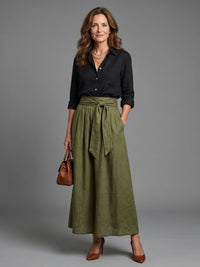 Vera | Zweiteiliges Set Schwarze Bluse Olivgrüner Midirock in Mehrfarbig
