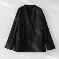 Damen kragenloser Longline-Blazer mit offenem V-Ausschnitt und Eingrifftaschen Nord Taschen in Schwarz