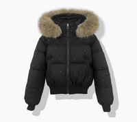 Damen kurzer gesteppter Blouson mit abnehmbarer Kapuze in Schwarz