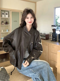 Damen Oversized Bikerjacke aus Kunstleder mit breitem Revers und voluminösen Ärmeln Nord Taschen in Kaffeebraun